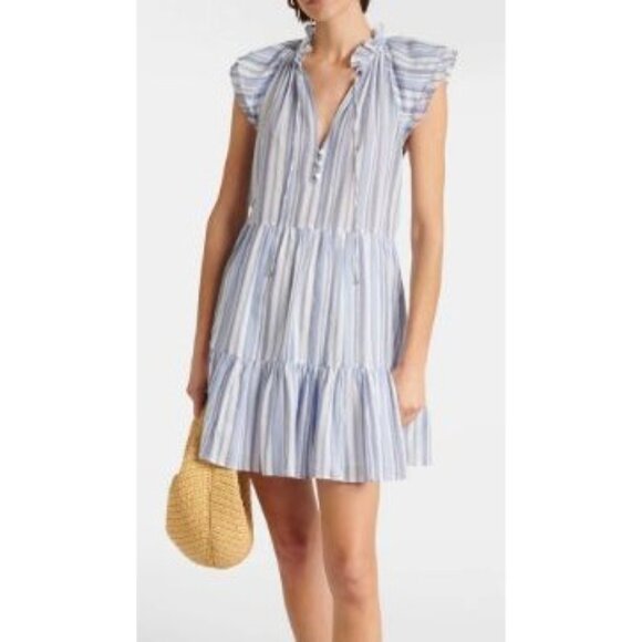 Trendy Easter Spring Veronica Beard Zee Blue White Striped Dress Tiered Ruffle S - Picture 6 of 16